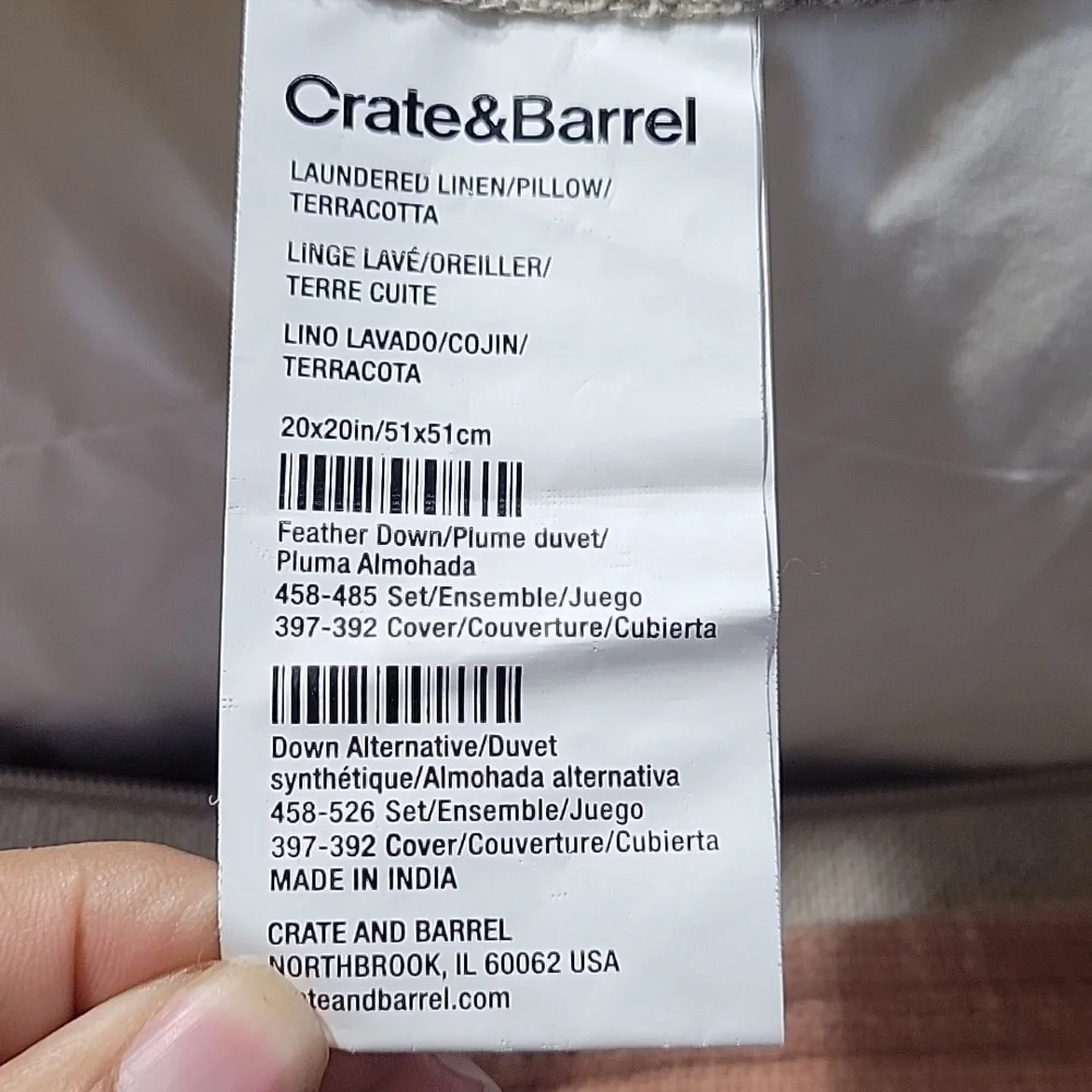 Crate & Barrel 20x20 Organic Linen Throw Pillow w/Feather Insert In Terracotta